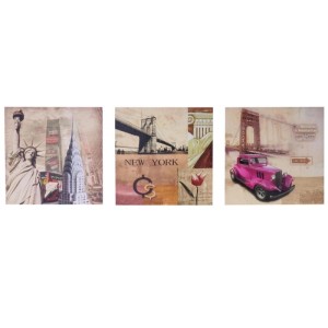 3-teiliges Leinwandbild New York: Freiheitsstatue, Brooklyn Bridge, pinker Oldtimer. Moderne Deko für Wohnaccessoires.