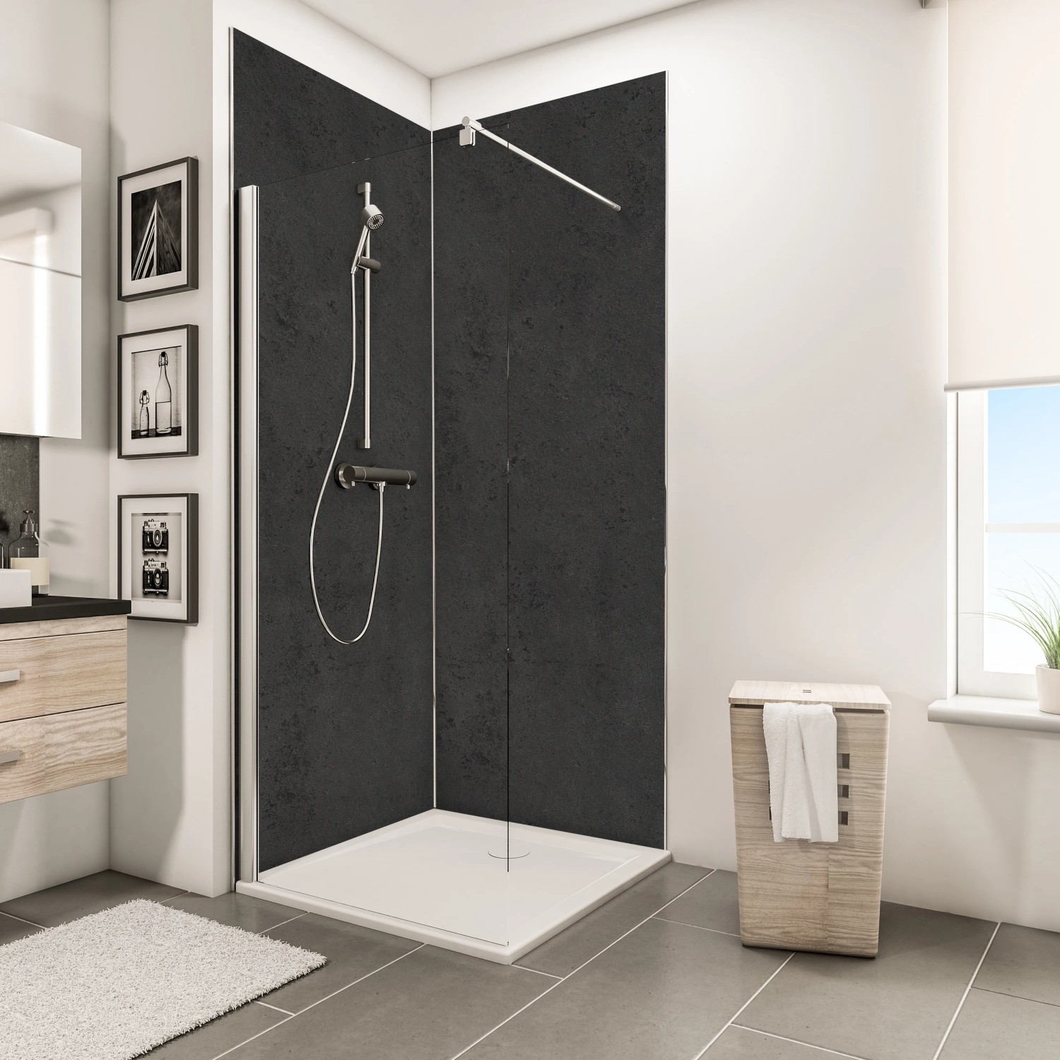 Schulte Duschrückwand Decodesign Stein Anthrazit, 210x100cm im Badezimmer.
