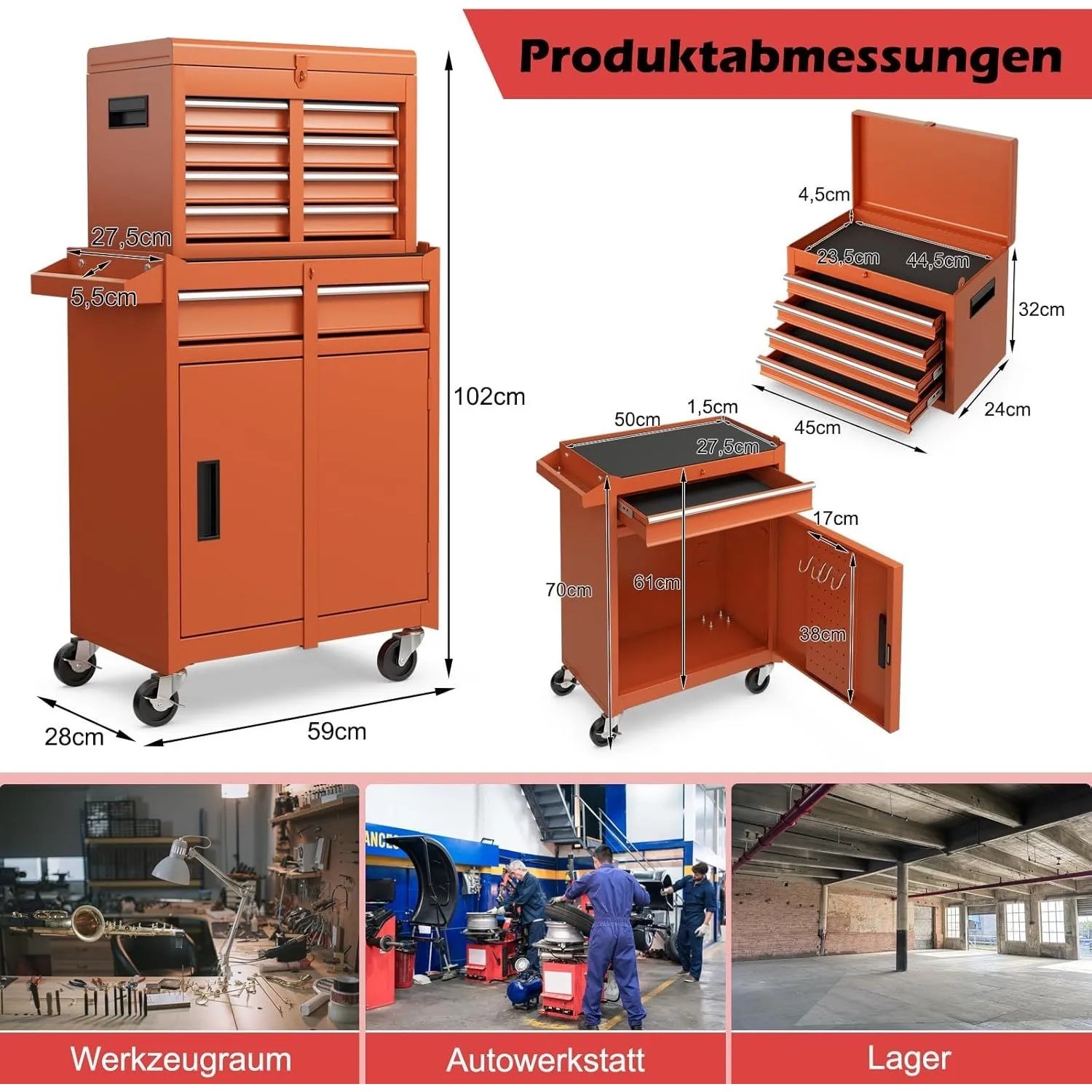 Oranger Costway 2-in-1 Werkstattwagen aus Metall mit abnehmbarem Koffer, 5 Schubladen und Rollen, 100 kg.