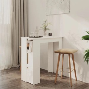 Weißer Bartisch mit integriertem Regal aus Holzwerkstoff. Moderner Stehtisch für Küche oder Essbereich.