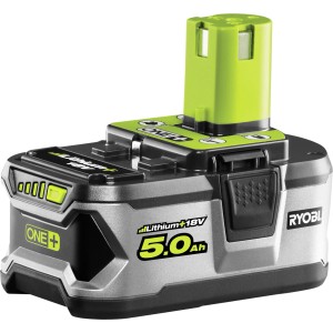 Ryobi Akku One+ RB18L50, 18 V, 5,0 Ah. Lithium-Ionen Akku in Silber und Schwarz mit grünem Akku-Block.