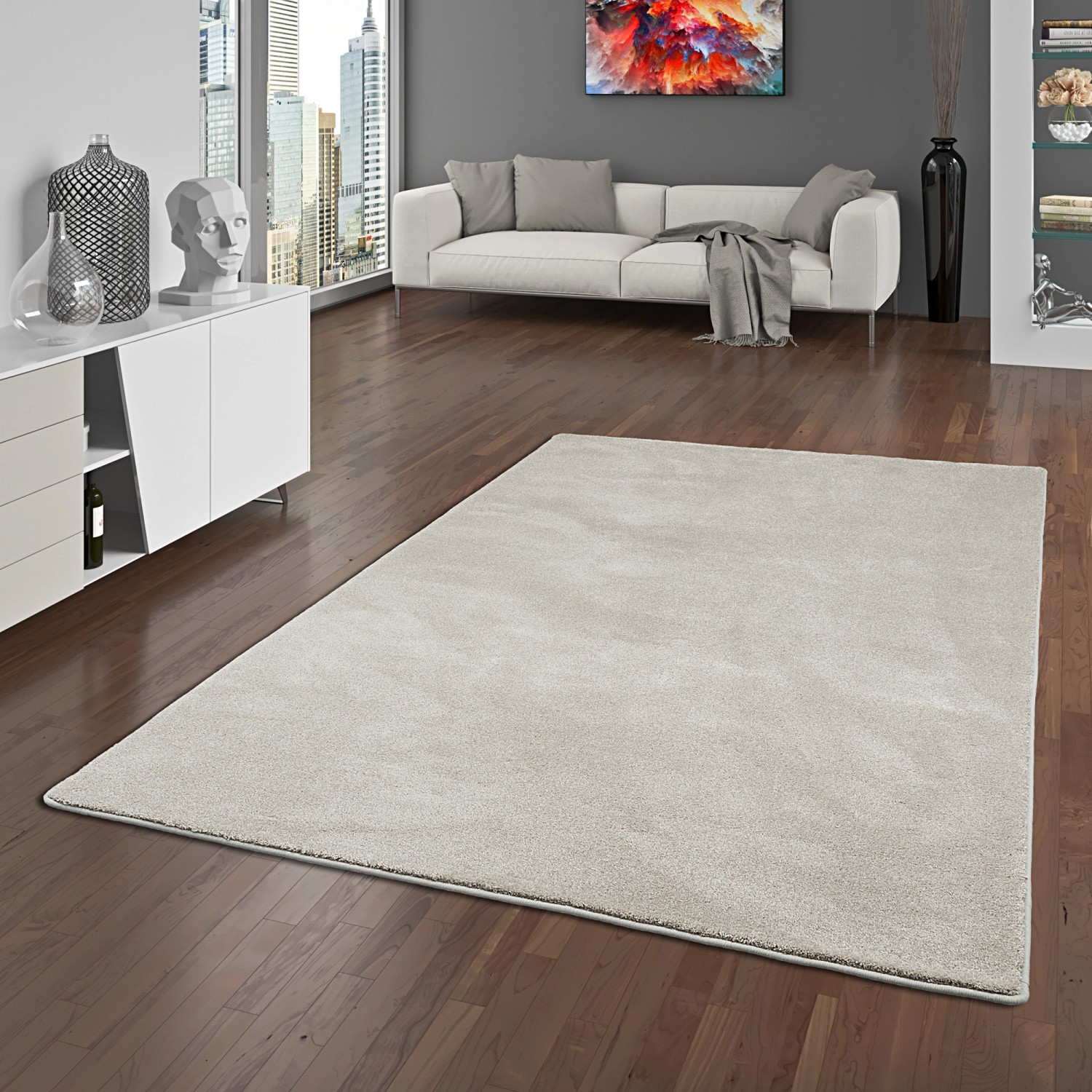 Champagnerfarbener Snapstyle Hochflor Teppich (100x400cm) im Wohnzimmer.