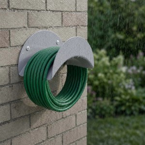Silberner Schlauchhalter aus rostfreiem Eisen an Ziegelwand mit grünem Gartenschlauch im Regen. Ideal für Garten & Garage.