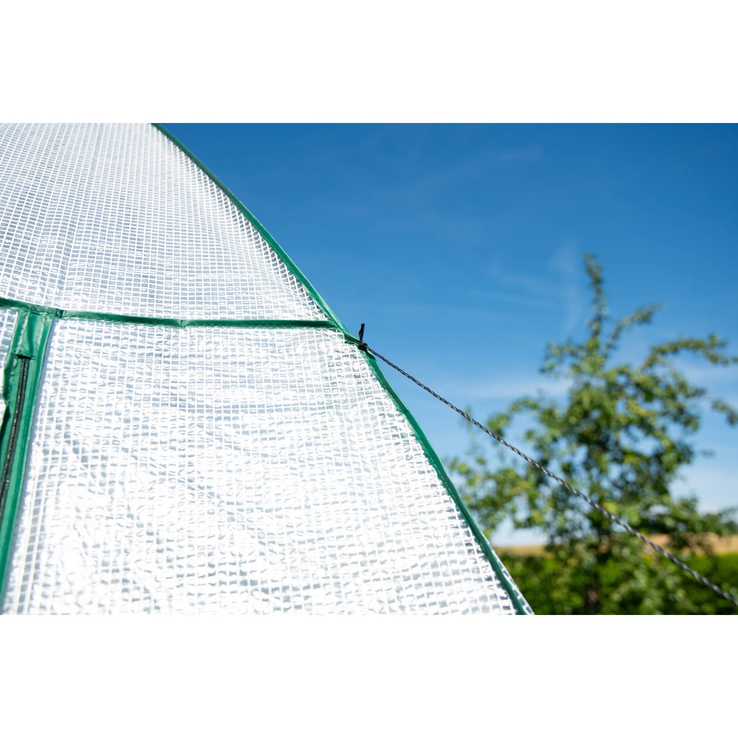 Detailaufnahme Westmann Überwinterungszelt Avocado: Folie, grüne Umrandung, blaue Himmel im Hintergrund.
