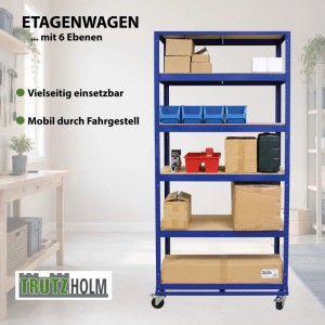 Blauer TRUTZHOLM Etagenwagen mit 6 höhenverstellbaren Ebenen auf Rollen, ideal als Kommissionierwagen oder Lagerregal.