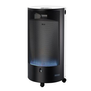 Weißer Rowi Gas-Heizofen Blue Flame Pure 4,2 kW mit blauer Flamme und Rollen.