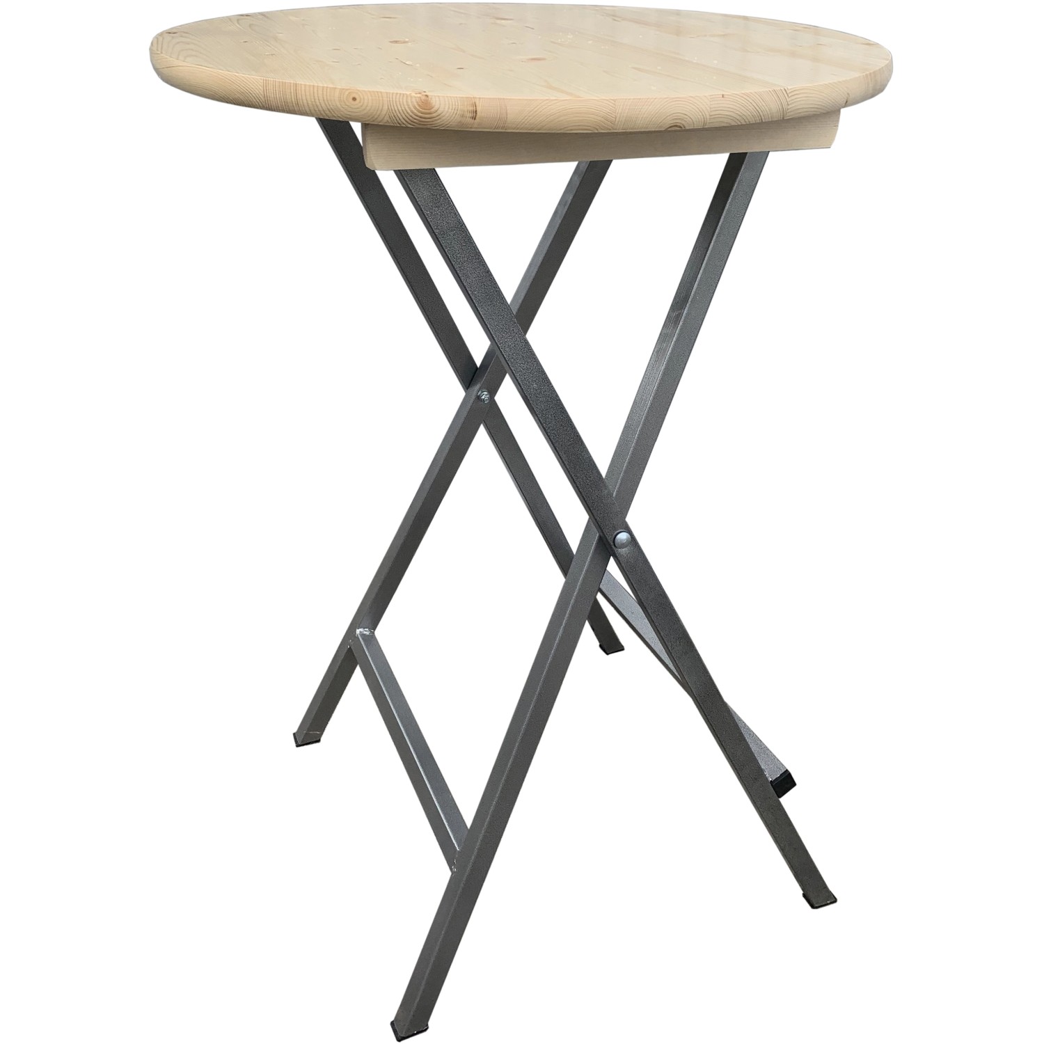 Klappbarer Stehtisch für Garten und Innenbereich mit Holzplatte und Metallgestell.