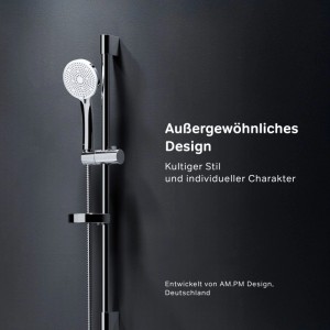 Chromfarbenes AM.PM Duschset Play mit Handbrause, Duschstange und Brauseschlauch. Modernes Design.