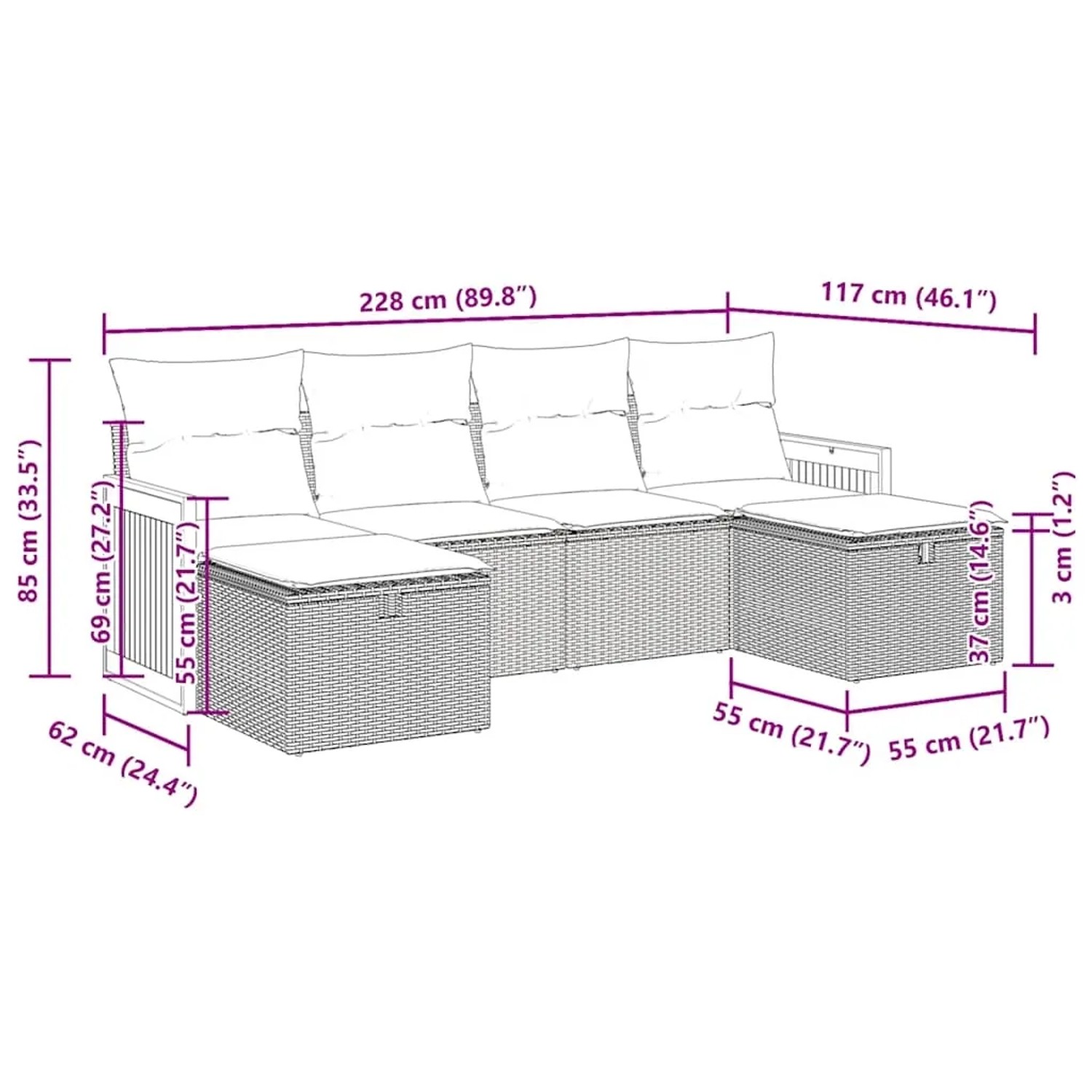 Graue 6-tlg. Garten-Sofagarnitur aus Polyrattan mit Kissen, Maße siehe Zeichnung.