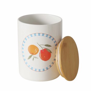 Vorratsdose Fruits von Boltze, 16 cm, mit Fruchtmotiv und Bambusdeckel.