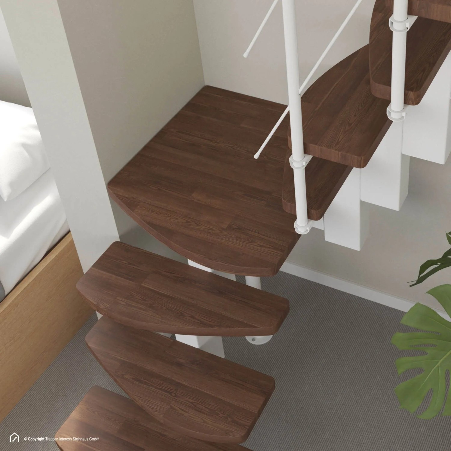 Treppen Intercon Raumspartreppe Quadro Mittelholmtreppe 13 Stufen Buche Dunkel Walnuss Massiv Metallfarbe Polar-Weiß Einseitiges Geländer_4
