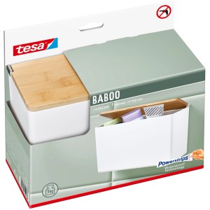 Tesa Baboo Aufbewahrungsbox X-Large, weiß mit Bambusdeckel, zur Wandmontage im Badezimmer.