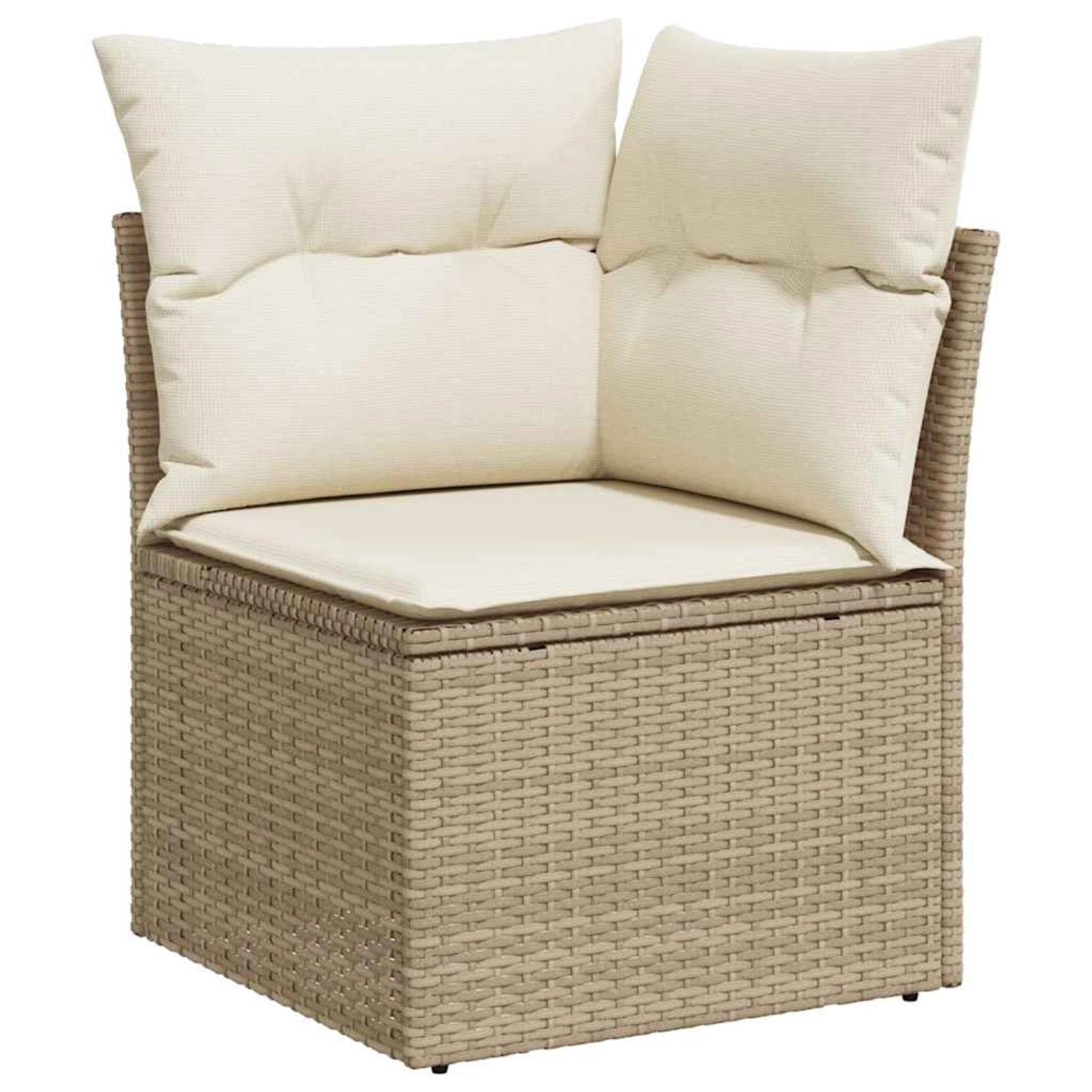 Beige Garten-Sofagarnitur Ecke aus Polyrattan mit cremeweißen Kissen.