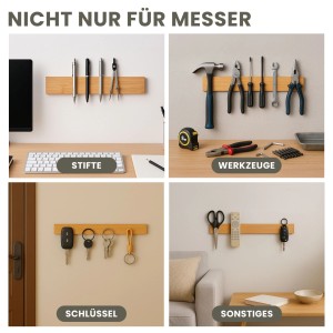 CHEFGASTRO Magnetleiste Magnetische Messerleiste Messerhalter Aus Bambus 6,2x40x2,1cm Mit 3 Silbernen Haken Bambus Extra Stark
