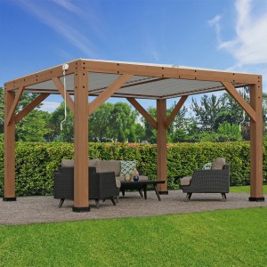 Westmann Pavillon Karl mit Lamellendach aus Holz und Aluminium, braun, mit Sitzgruppe im Garten.