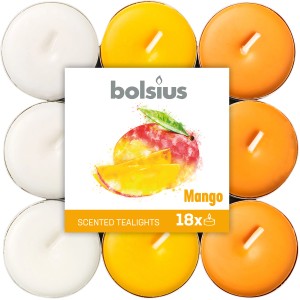 Bolsius Duftteelichter Mango, 18 Stück in Weiß, Gelb und Orange.