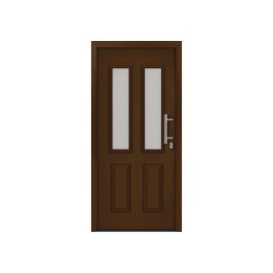 EcoStar Haustür IsoPro IP 410S terrabraun, Landhausstil, mit satinierten Glaseinsätzen und Edelstahlgriff.