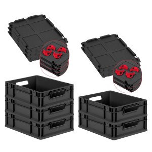PROREGAL SuperSparSet: 5 schwarze Euroboxen 11L mit Deckel und roten Verschlüssen, gestapelt.