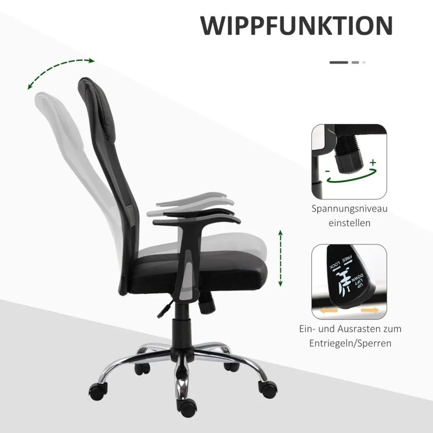 Schwarzer Vinsetto Bürostuhl mit Wippfunktion, höhenverstellbar. Ergonomischer Bürostuhl mit Netzlehne.