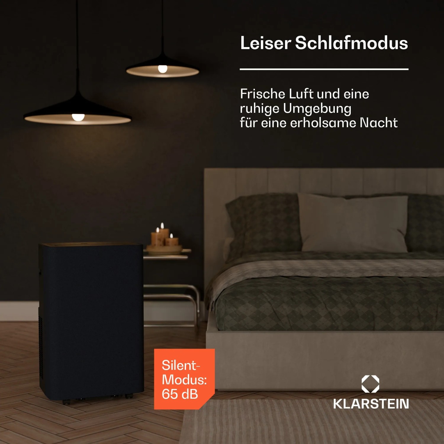 Klarstein AireLux Klimaanlage im Schlafzimmer mit leisem Modus für erholsame Nachtruhe.