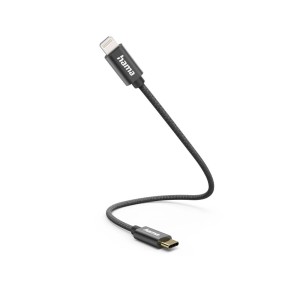 Schwarzes Hama Ladekabel USB-C auf Lightning, 0,2 m, mit Nylonummantelung für Apple Geräte.