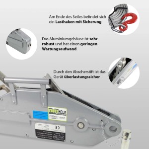 TRUTZHOLM Seilzug 1600kg: Detailansicht der Seilwinde mit Lasthaken und robustem Aluminiumgehäuse.