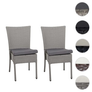 2er Set graue Poly-Rattan Gartenstühle mit dunklen Kissen. Stapelbare Stühle für Terrasse und Balkon.