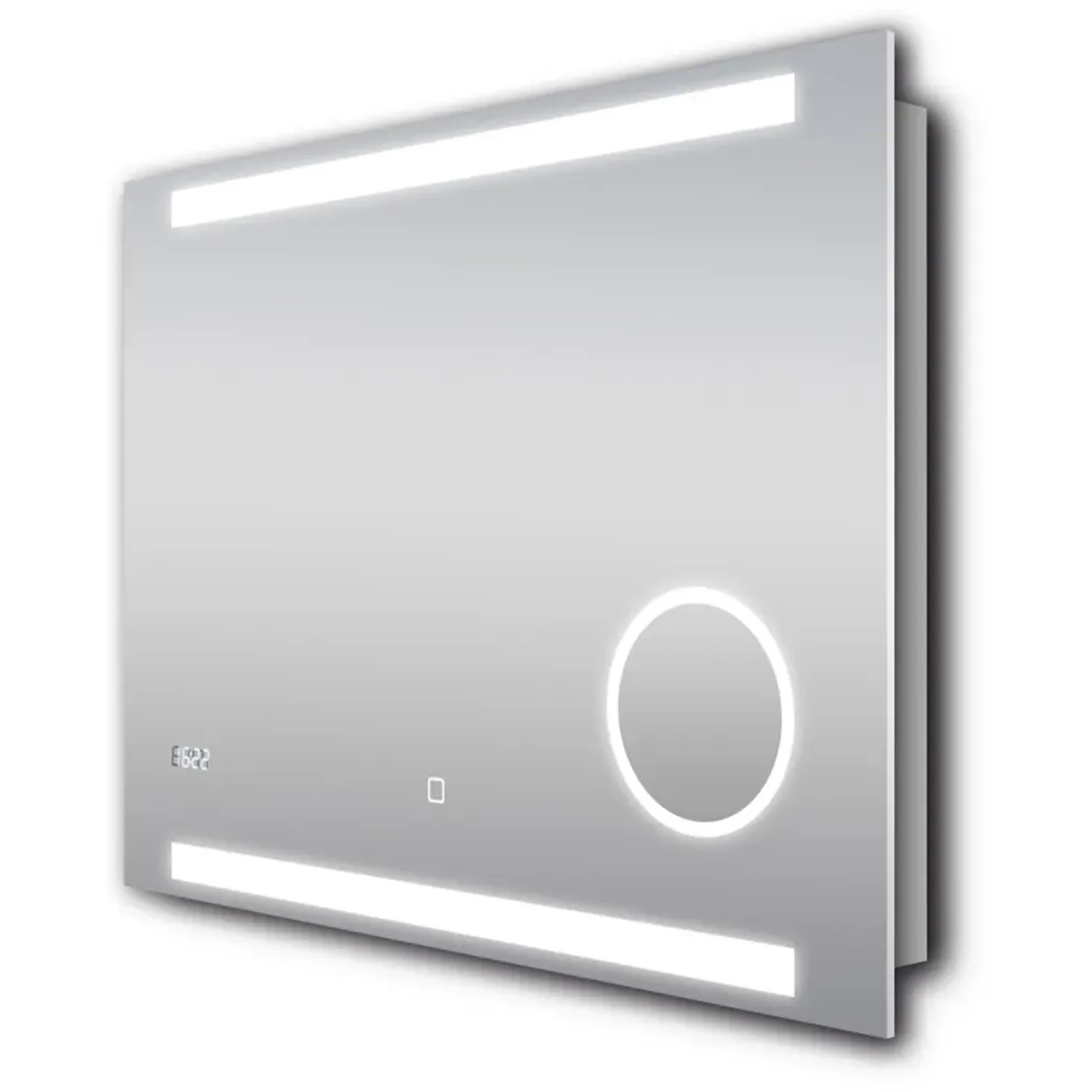 DSK Design LED-Lichtspiegel Silver Conde, 80x60 cm, mit Digitaluhr und Kosmetikspiegel.