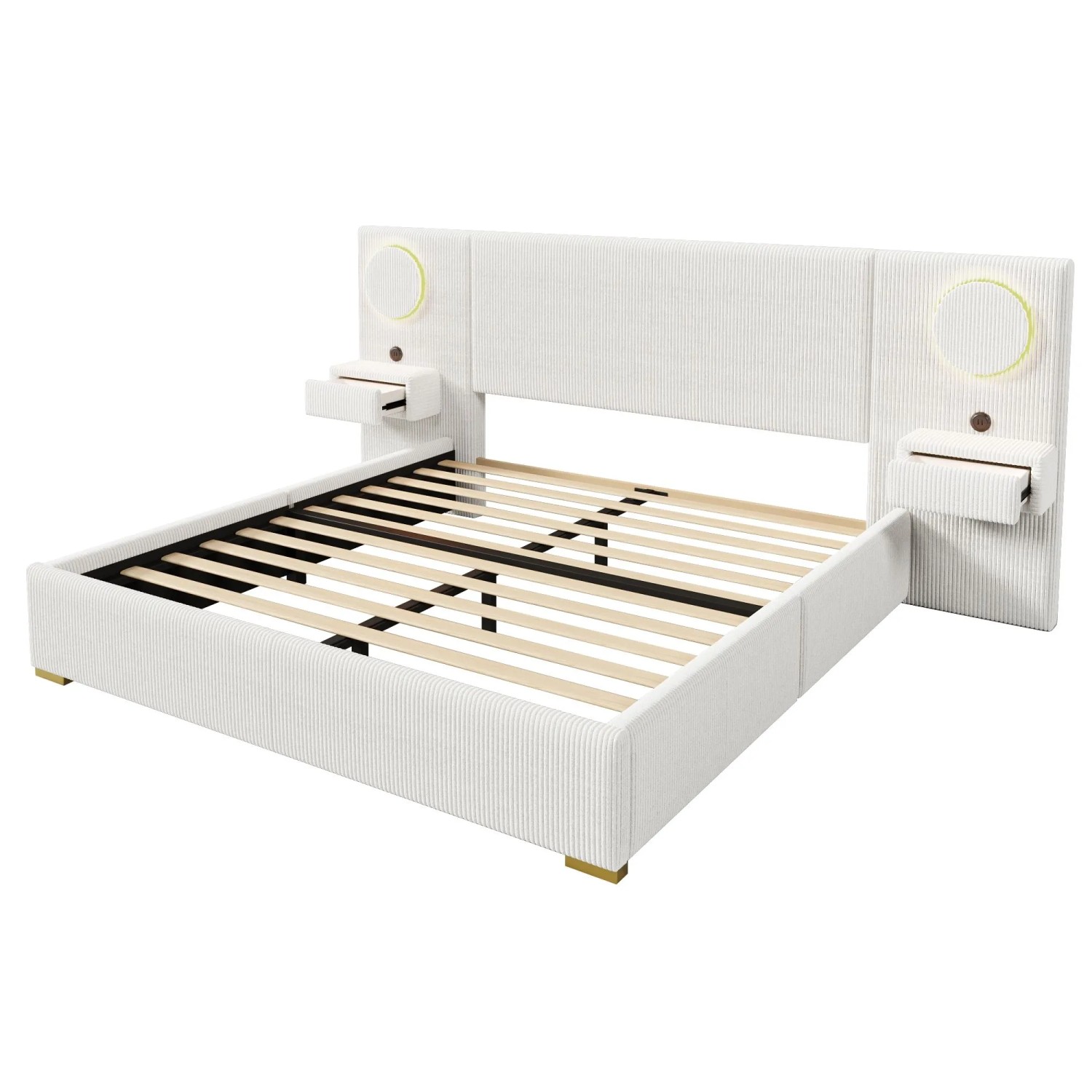 Merax Samt Polsterbett 180x200 cm Mit LED Kopfteil USB Nachttisch Schubladen Beige