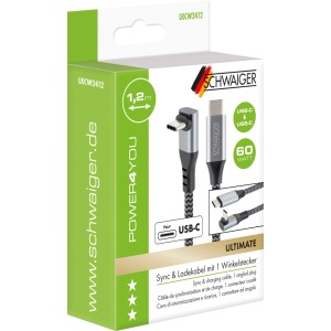 Schwaiger USB-C Ladekabel, 1,2m, mit gewinkeltem USB-C Stecker auf Produktverpackung. Graues, geflochtenes Kabel für Handy-Zubehör.