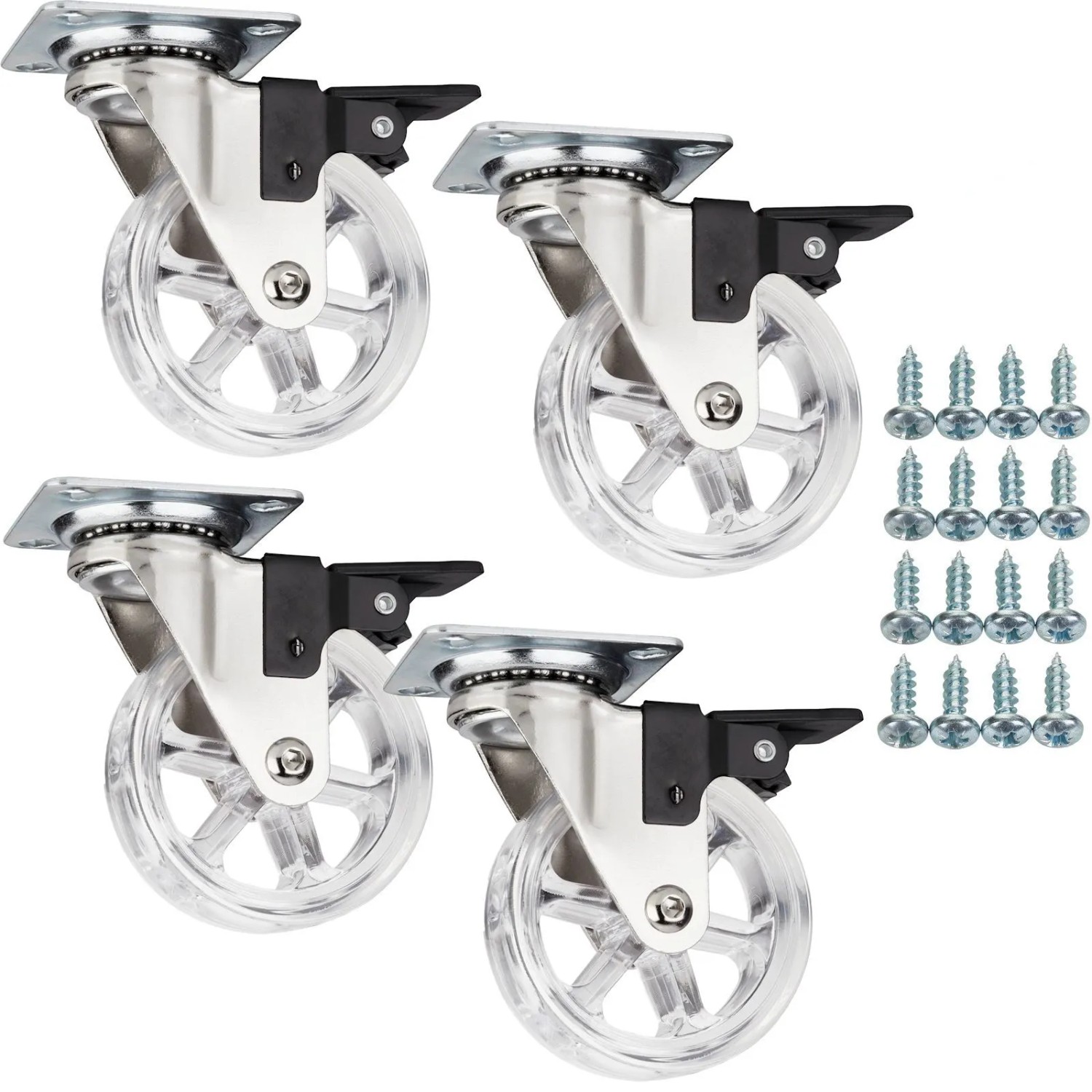 SOTECH 4 x Möbelrolle RAPID Ø75 mm Transparent mit Bremse inkl. Schraubenset