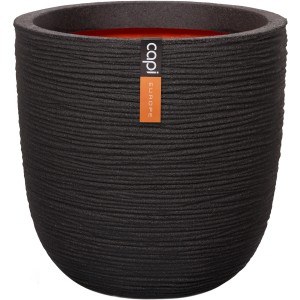 Schwarzer Capi Pflanztopf Nature Rib Kugel, Ø 43 cm, mit Riffelstruktur.