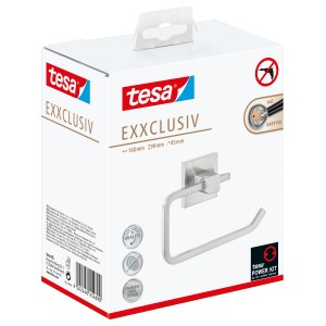 Verpackung des Tesa Exxclusiv Toilettenpapierhalters in Edelstahloptik, zur Wandmontage ohne Bohren.