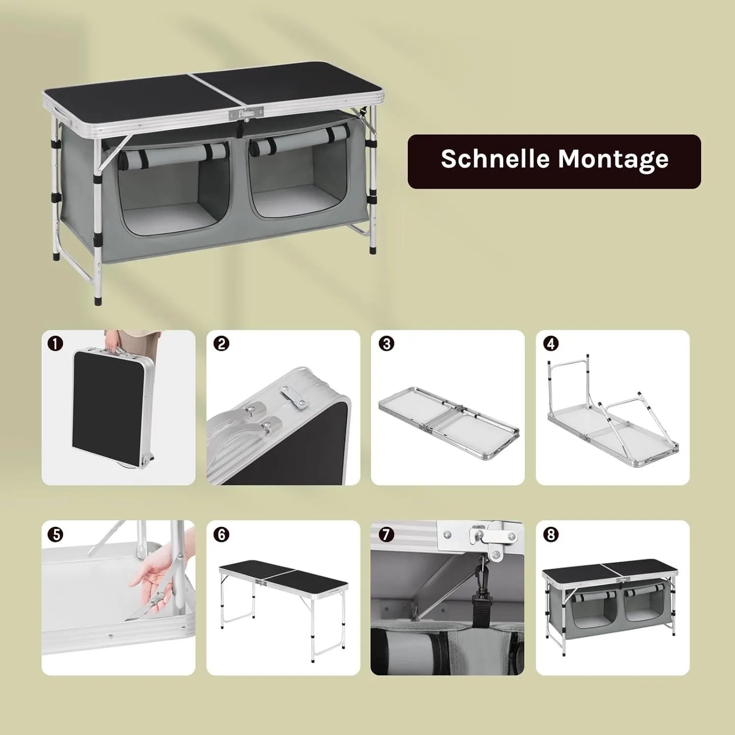 WOLTU Campingtisch, höhenverstellbar, mit Stauraum in Schwarz und Grau. Ideal für Camping.