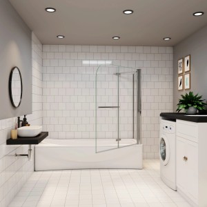 AICA Badewannenaufsatz 120x140cm mit Seitenwand und Handtuchhalter im Badezimmer.