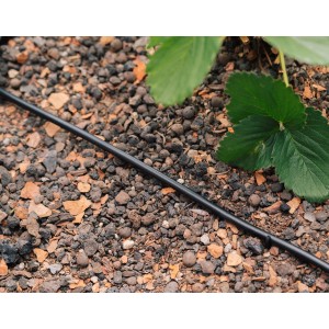 Schwarzes Geka Drip Versorgungsrohr (Ø 6 mm x 15 m) im Micro-Drip-System auf Kiesboden.