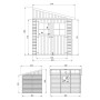 Technische Zeichnung: Timbela Anbau-Gartenhaus M339, 6 m², Holzhaus ohne Seitenwand und Boden.