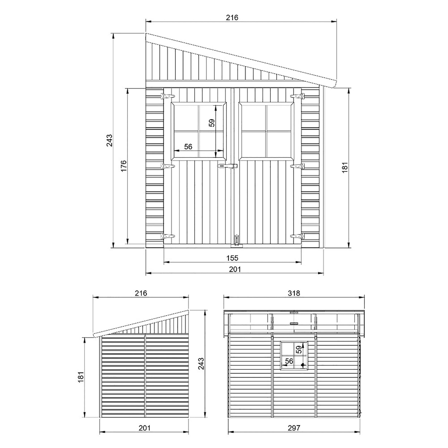 Technische Zeichnung: Timbela Anbau-Gartenhaus M339, 6 m², Holzhaus ohne Seitenwand und Boden.