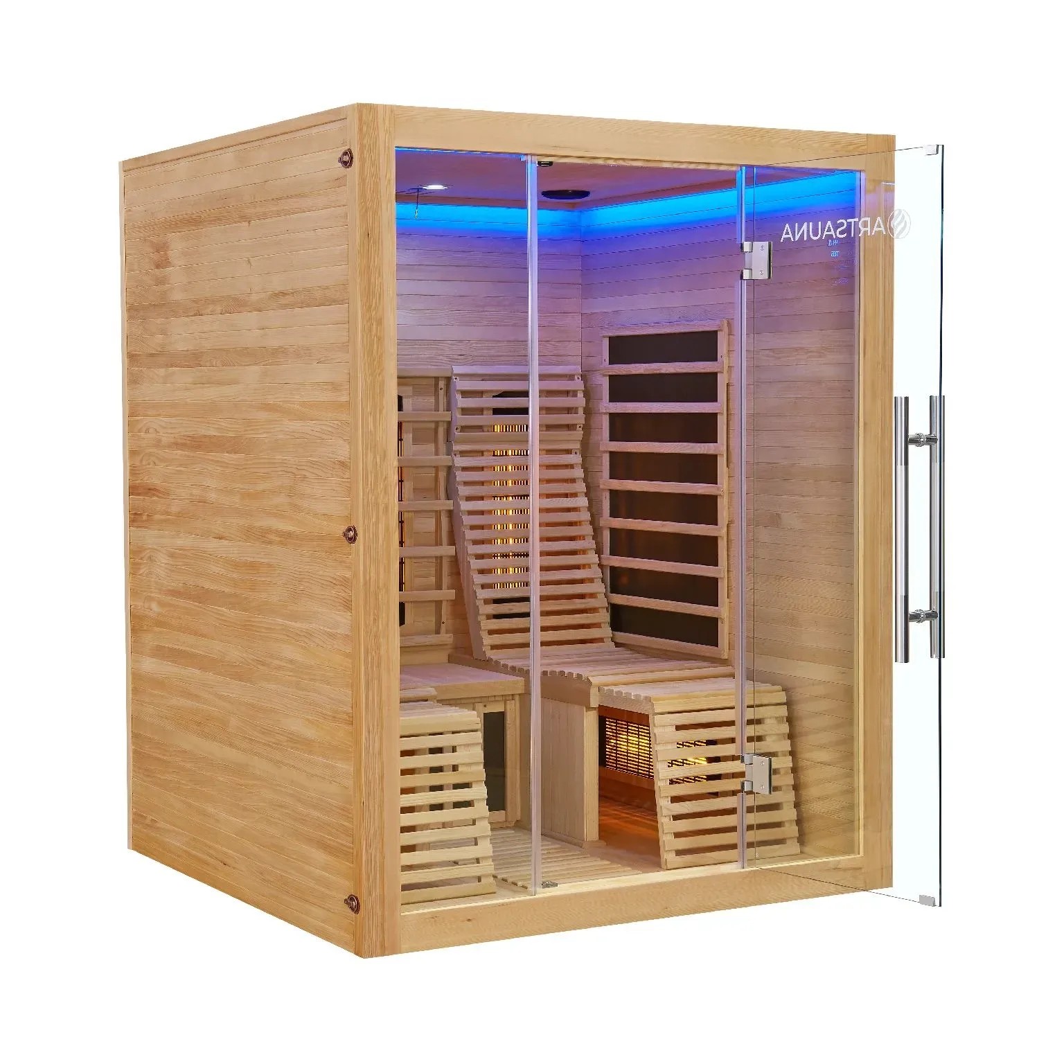 Artsauna Helsinki 150 Infrarotkabine aus Hemlockholz mit Glasfront und Liegen.