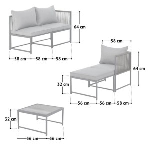 Graues Svita Detroit Polyrattan Gartenlounge Set: modulares Ecksofa, Chaiselongue, Tisch mit Kissen. Ideal für Outdoor.