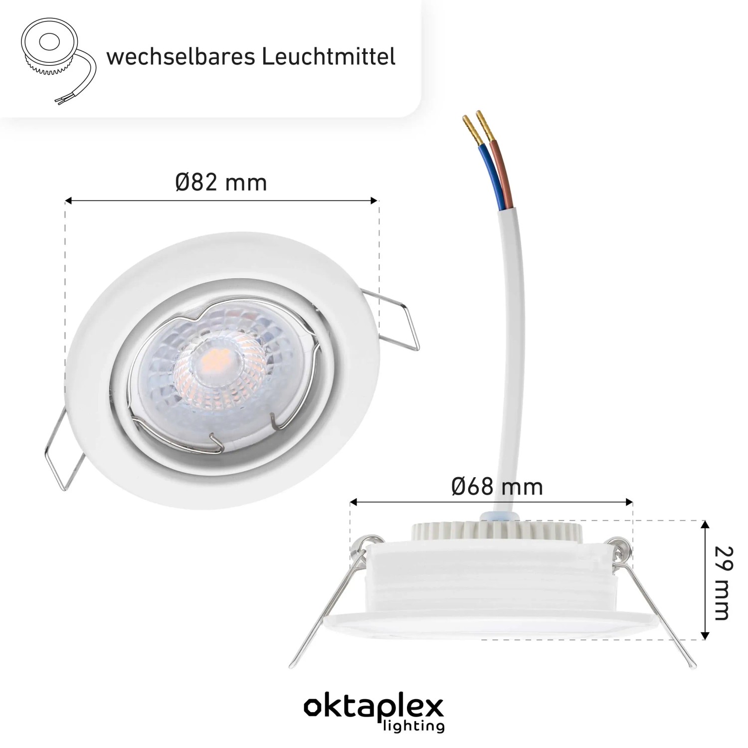 Oktaplex Einbauspot Dijon, 12er Set, weiß, mit LED Modul und Maßangaben. Deckenstrahler schwenkbar.