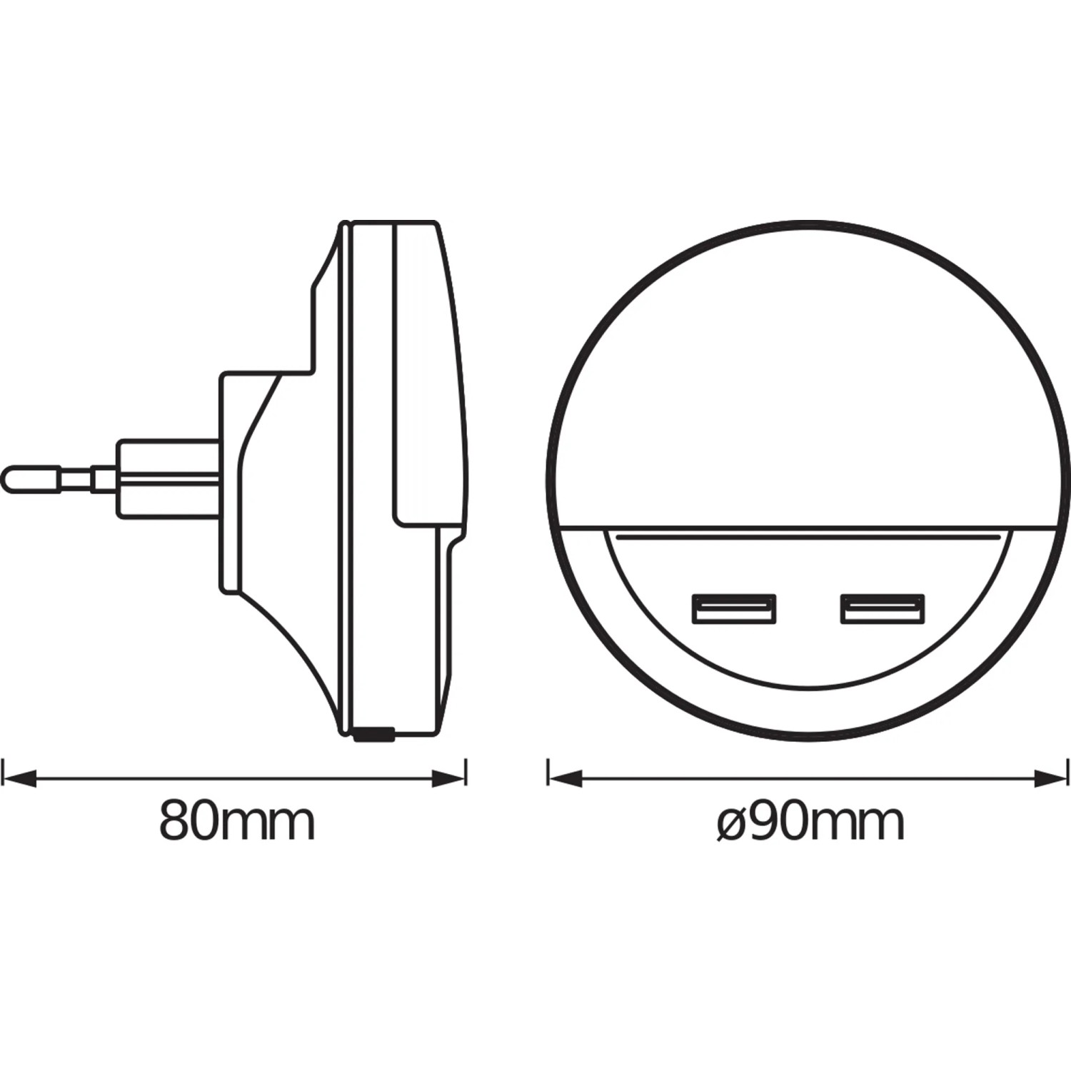 Abbildung des Osram LED-Nachtlichts Lunetta USB mit Maßangaben.
