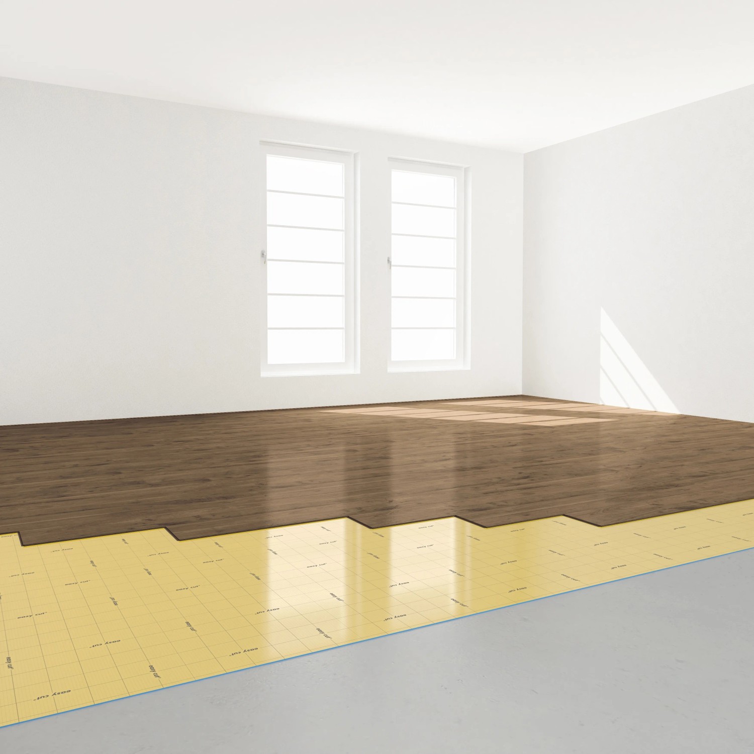 Verlegung der Selitbloc® GripTec Trittschalldämmung unter einem Holzboden in einem Raum.
