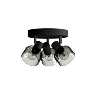 Runder Philips Spot Sleet Deckenstrahler, schwarz, mit drei schwenkbaren Spots und Rauchglas-Schirmen für E14 Leuchtmittel.