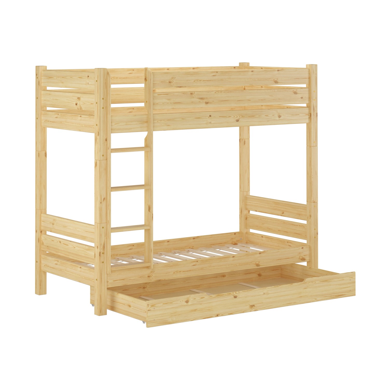 Extra stabiles Etagenbett aus Kiefernholz mit Rollrost und Bettkasten für Jugendzimmer oder Gästezimmer.