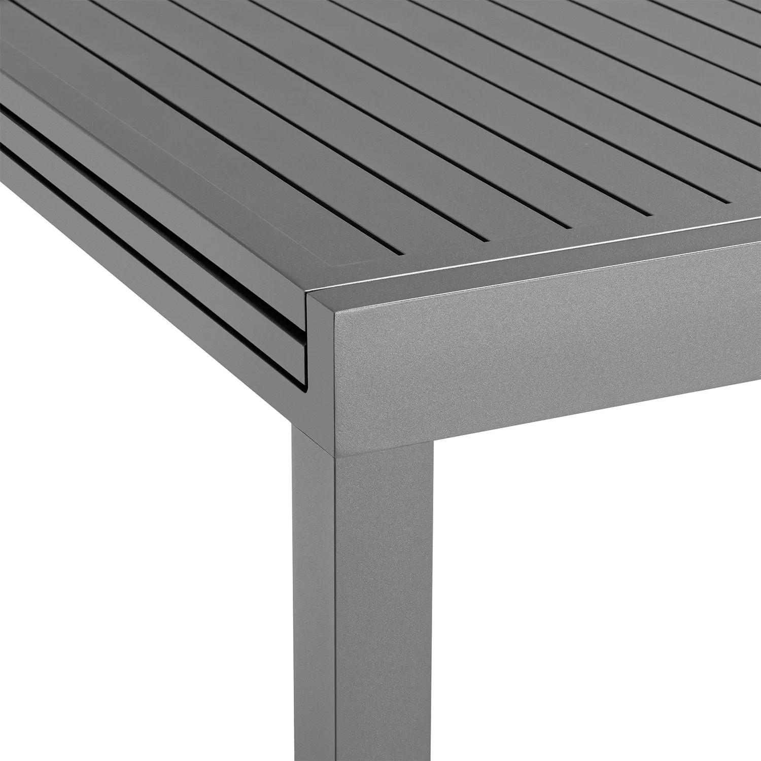 Detailansicht: Grauer Juskys Gartentisch Laki, ausziehbar, mit Aluminiumgestell und Lamellen-Tischplatte.