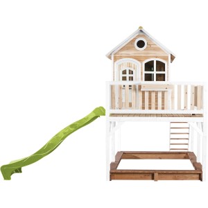 Axi Liam Spielhaus mit Rutsche, braun-weiß, mit Sandkasten und Leiter. Ideal für Kinder zum Spielen im Garten.