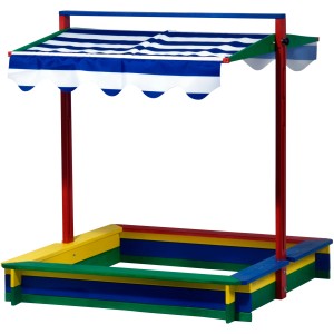 Bunter Holz Sandkasten XL mit Dachlift (120x120x120 cm), FSC® zertifiziert.