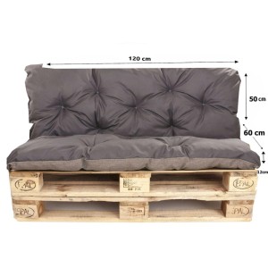 Anthrazitfarbenes Palettenkissen-Set (Sitz- & Rückenkissen) 120x60x50cm auf Holzpaletten für Gartenmöbel.