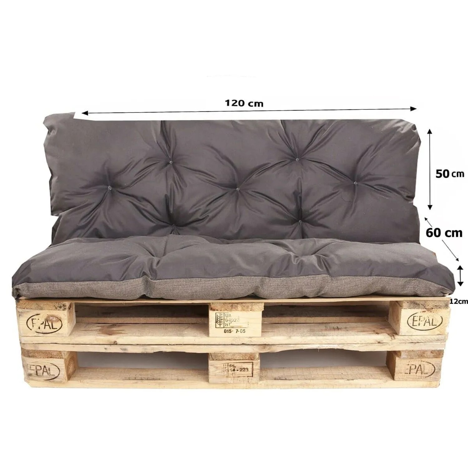 Anthrazitfarbenes Palettenkissen-Set (Sitz- & Rückenkissen) 120x60x50cm auf Holzpaletten für Gartenmöbel.